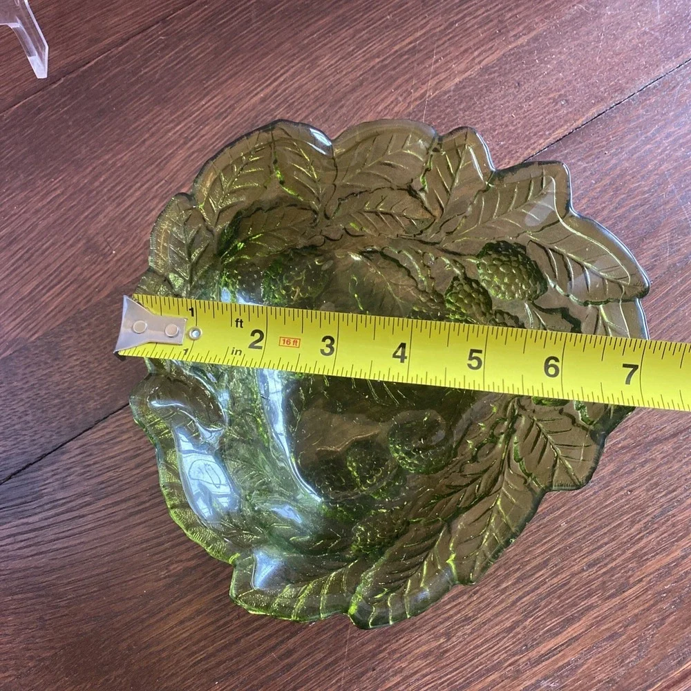 Vintage  Indiana Glass Candy Dish Avocado Green Raspberry Blackberry Leaf Design